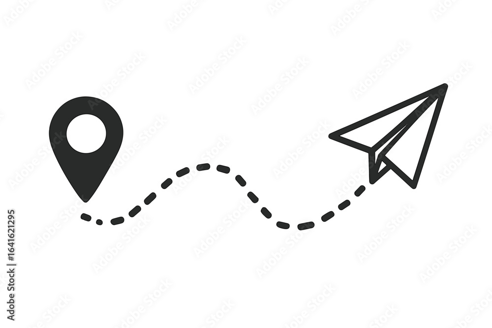 Poster geolocation route map marker with dotted line and paper airplane icon. travel destination navigation