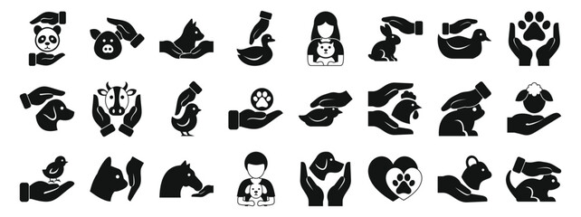 Animal welfare icons set. Protecting various animals symbolizing animal welfare, conservation, and care for pets and wildlife