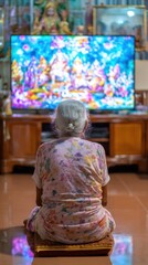 Serene Elderly Indian Woman Engrossed in Devotional Content on Smart TV in Eclectic Living Room