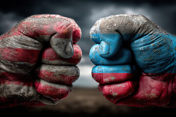 Two fists painted with the flags of the USA and Russia facing each other