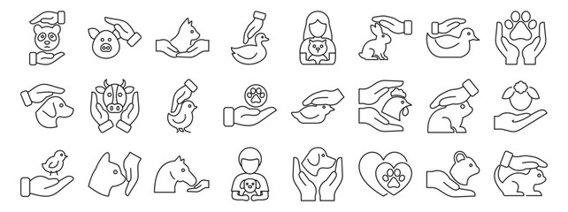 Animal welfare icons set. Protecting pets and farm animals, hands demonstrating care, love, and providing shelter