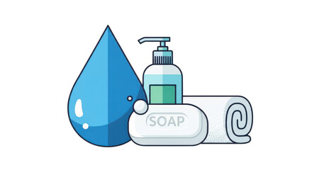 Obraz premium Water drop soap and towel hygiene set isolated on white background