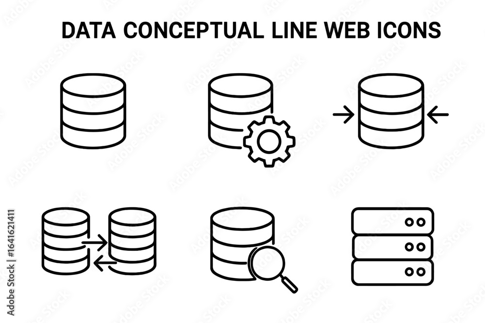 Poster data management and storage concept icons set. database optimization processing transfer search serv