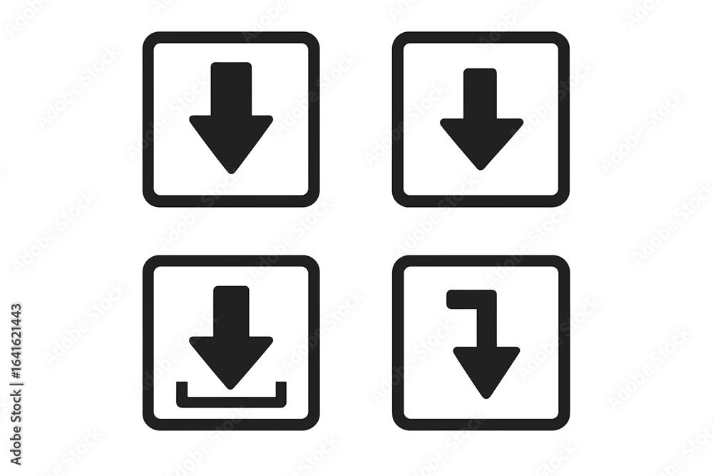 Poster download arrow icon set. vector arrow symbols in square frames for apps, websites, user interface ui