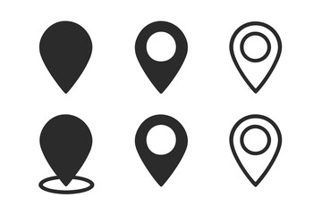 Location pin icons set. Map pointer markers. GPS navigation icon collection. Geolocation symbols. Black silhouette vector. Journey, travel, route destination, wayfinding. Modern minimal illustration.