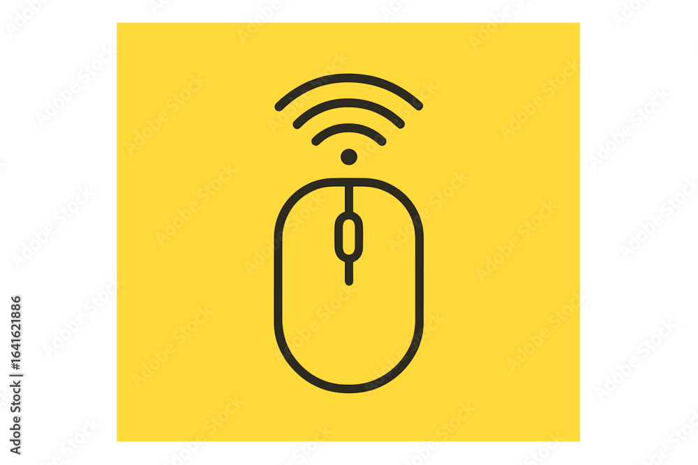 Poster wireless computer mouse icon with signal waves. modern flat linear design on vibrant yellow backgrou