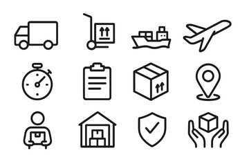 Delivery and Logistics Line Icon Set. Vector Symbols for Cargo Shipping, Package Tracking, Freight Transportation, Supply Chain Management, Warehouse, Express Courier Service on Transparent Background