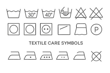 Textile care symbols set. Laundry, washing, ironing, drying, bleaching, professional cleaning icon collection. Garment label marks. Clothing care instructions. Vector illustration for textiles.