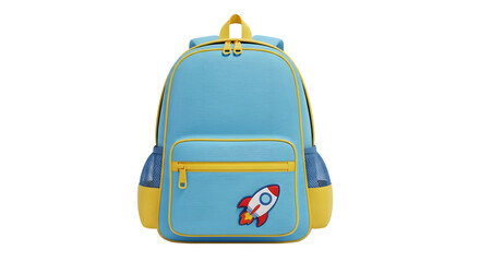Blue childrens backpack with yellow trim and a rocket patch, isolated on transparent background