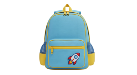 Blue childrens backpack with yellow trim and a rocket patch, isolated on transparent background