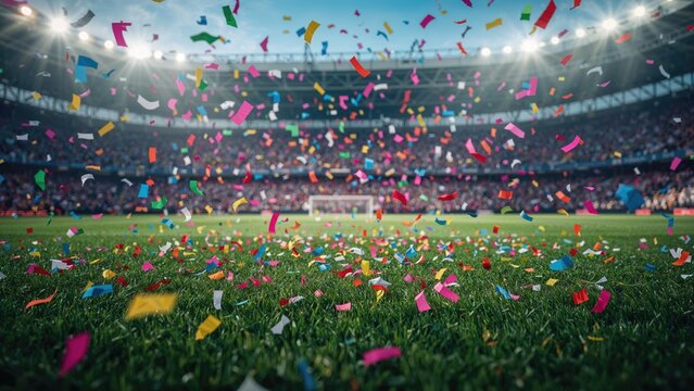 Soccer arena scene with scattered confetti in the air - Powered by Adobe