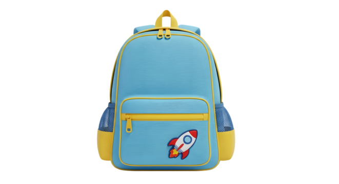 Blue childrens backpack with yellow trim and a rocket patch, isolated on transparent background