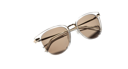 Stylish modern sunglasses with clear frame and brown tinted lenses, isolated on transparent background