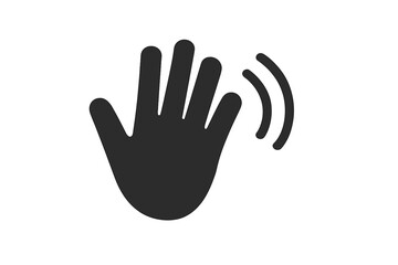 Obraz premium Hello gesture waving hand icon. Simple flat vector for greeting, welcome or goodbye. Human palm silhouette with motion lines. Friendly sign isolated on background.