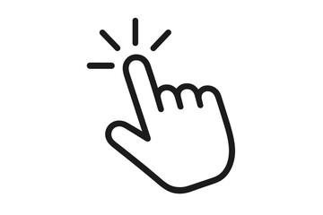 Click hand pointer icon. Computer mouse click cursor. Touch screen interaction symbol. Pointing finger action. Online navigation. Digital interface. Web page website button press. Vector illustration.