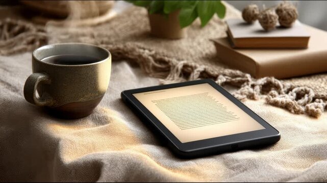 Ceramic coffee cup and e-book reader on beige blanket next to books and plant