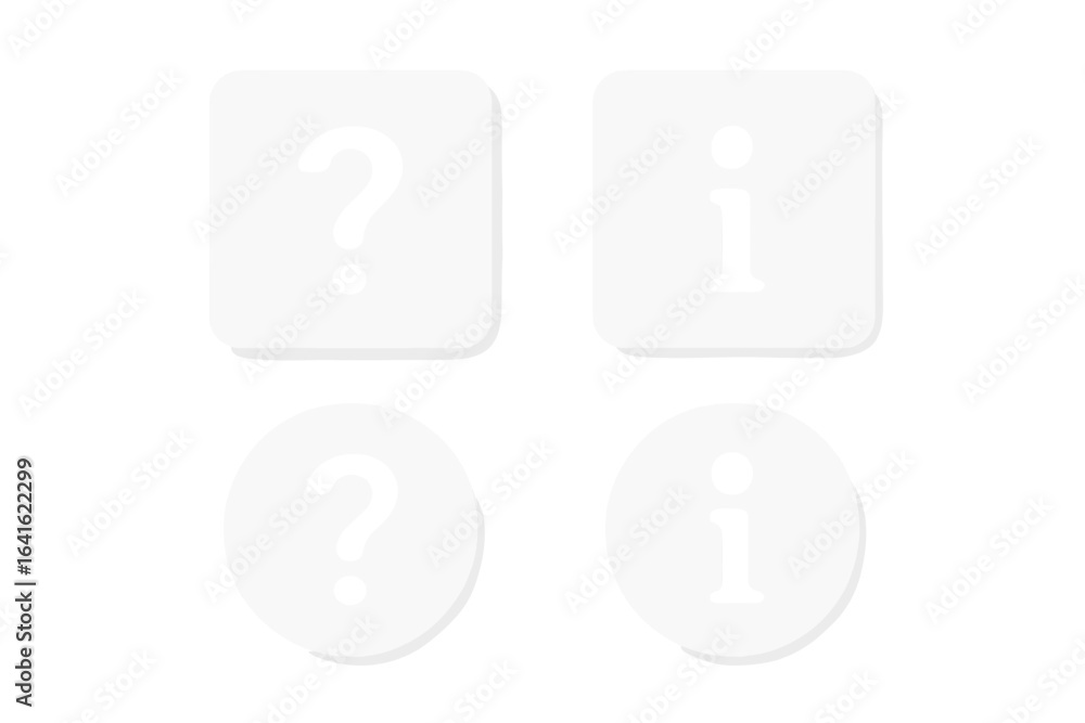 Poster neumorphic buttons set with question mark and info icon, soft white 3d geometric shapes, modern ui d