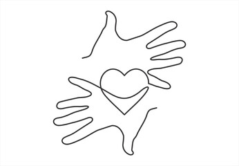Continuous one line drawing. Abstract hands woman and man holding heart. Vector illustration. line icon-continuous line drawing. Editable stroke. 