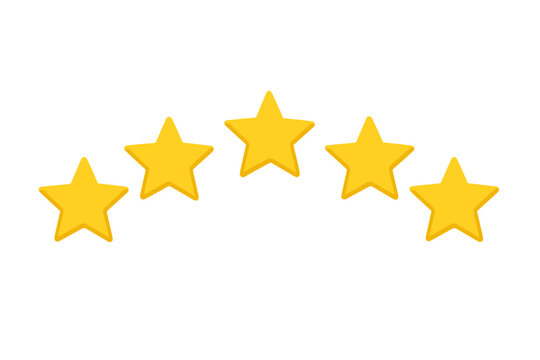 Five gold stars rating, curved arrangement. Product quality assessment icons, best feedback, customer satisfaction, excellence, top rated service. Isolated vector symbols for reviews and ranking.