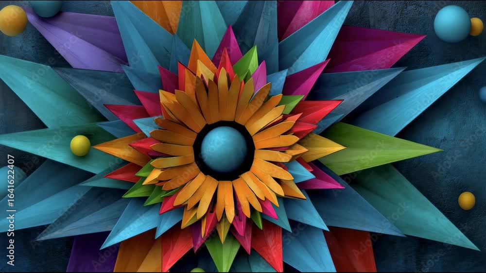 Poster abstract composition with three-dimensional multicolored sharp petals and spherical elements on a bl