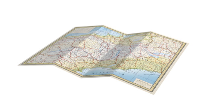 A folded paper map showing various routes and locations, isolated on transparent background