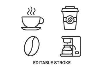 Coffee cup, takeaway coffee, coffee bean, coffee maker line icon set. Editable outline vector illustration for cafe, restaurant, web, apps, branding. Hot coffee drink symbols. Modern minimal style.