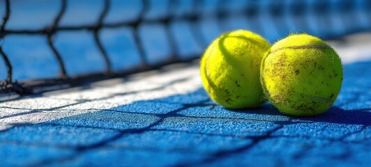 The tennis balls resting on a vibrant blue court near the net.