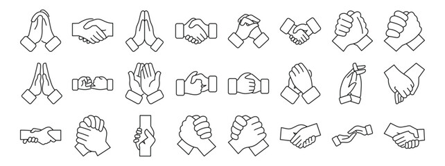 Clasped hands icons set. Line art icons represent diverse hand gestures, symbolizing prayer, agreement, greeting, and collaboration