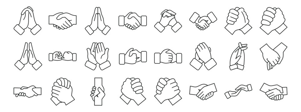 Clasped hands icons set. Line art icons represent diverse hand gestures, symbolizing prayer, agreement, greeting, and collaboration