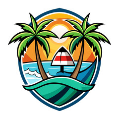 Vector art of tropical beach scene with palm trees, ocean waves, and a beach umbrella under a bright sun and sky, symbolizing vacation