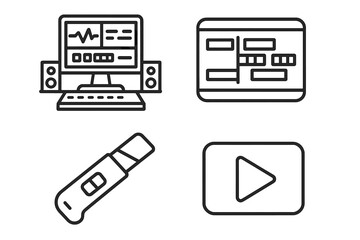 Fototapeta premium Film Editing Suite Outline Icons Set. Professional Video Editing Workstation, Digital Timeline Interface, Movie Cutting Blade Tool, Playback Screen Symbol. Modern Vector Illustration.