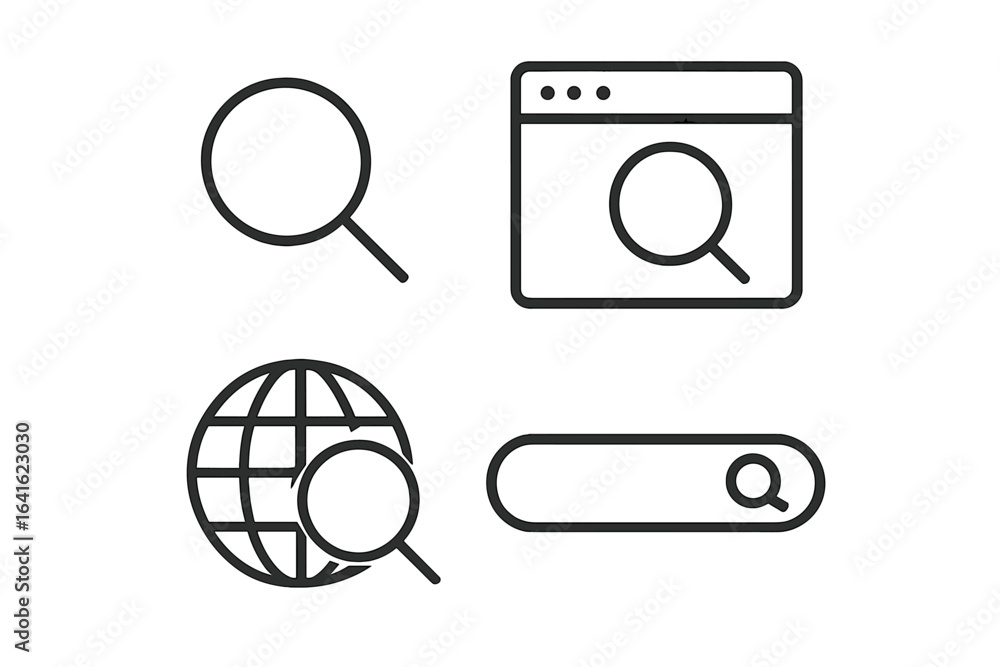 Poster search icons vector set. outline linear style magnifying glass. web internet search, website browser