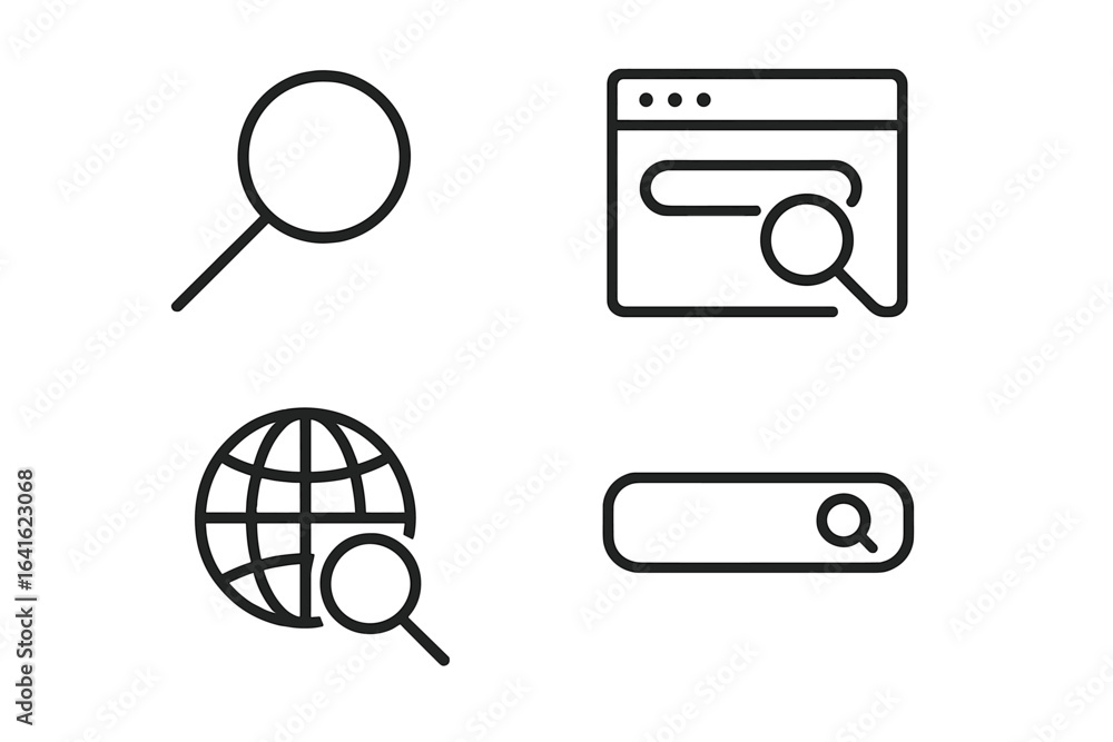 Poster web search and internet research magnifying glass icons vector set. outline linear design conceptual