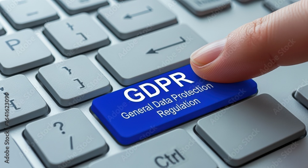 Poster finger pressing keyboard button with gdpr text, symbolizing data protection regulation, privacy comp