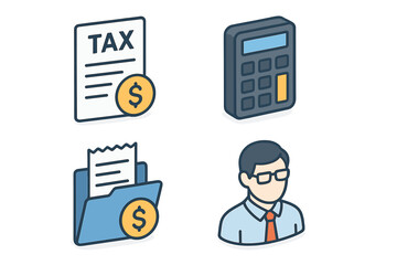 Tax and Accounting Icon Set for Financial Management. Isometric Flat Tax Documents, Calculator, Receipt Folder Storage, Accountant Professional Avatar. Modern Business Finance Tools Collection.