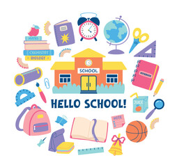 School supplies and education objects around a school building. Back to school elements collection. Vector illustrations isolated on white background