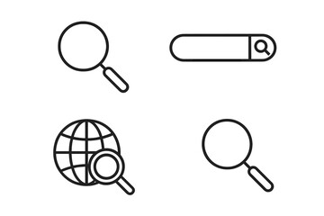 Search magnifying glass icon set, linear outline style, internet search symbol, web navigation, conceptual vector design, digital marketing, website app UI, global online information, find data tool.