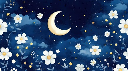 Fototapeta premium White flower and crescent moon pattern on gradient blue background, decorative, for cards posters packaging
