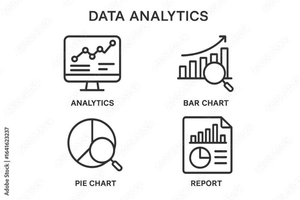 Poster set of conceptual data analytics icons in flat linear style for websites, applications, and graphic 