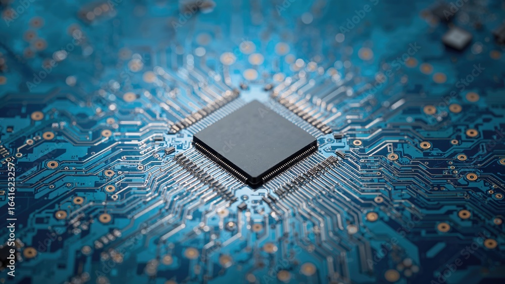 Poster microprocessor integrated circuit mounted on a blue pcb showcasing modern technology and computer sc