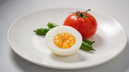 Boiled egg accompanied by tomato and beans on a white serving plate