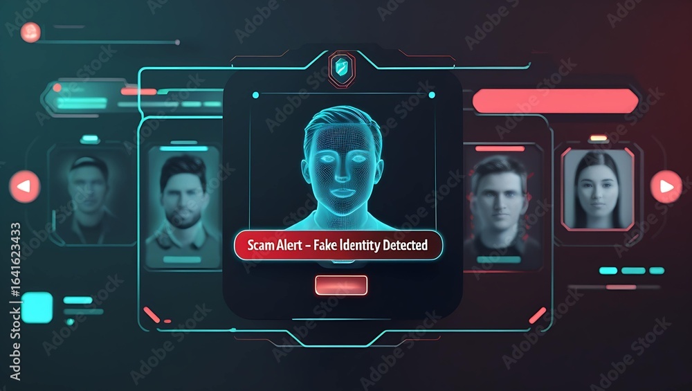 Poster a digital interface displaying a 'fake identity detected' alert alongside various user avatars, show