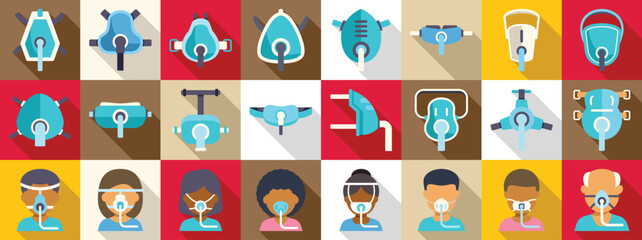 CPAP mask icons set. Oxygen masks providing respiratory support to patients and different models of oxygen masks