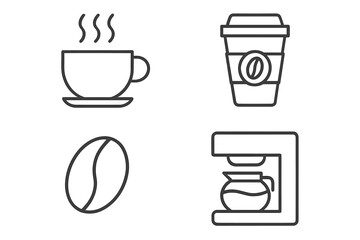 Coffee icons vector set. Black line art cafe symbols. Hot drink cup, takeaway coffee, coffee machine, coffee bean. Minimalist outline café elements. Modern web and app beverage graphics.