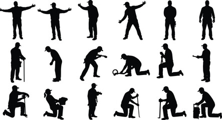 Silhouettes of construction workers in various poses, inspecting, working with tools, kneeling, standing, and communicating on white background