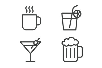 Set of conceptual drink icons, flat linear vector style, editable stroke, beverage symbols for websites, apps, and graphic resources, includes coffee, cocktail, beer, juice illustrations