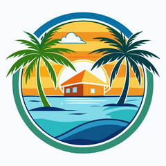 Vector art of idyllic tropical island paradise with palm trees, a cozy house, and calm ocean waters during a vibrant sunset, ideal for a relaxing vacation