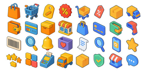 Vibrant 3D isometric e-commerce icons for online retail success store. Generative AI