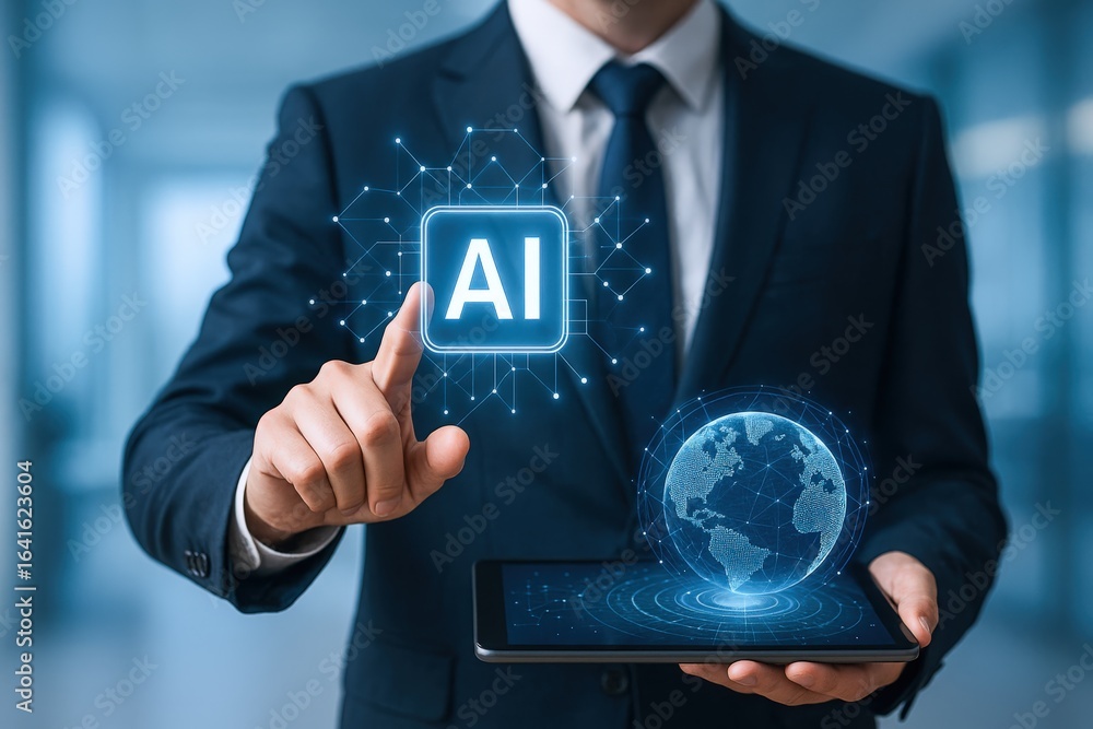 Poster Businessman Navigating Artificial Intelligence Interface with Globe on Tablet Display, Modern Technology and Connectivity