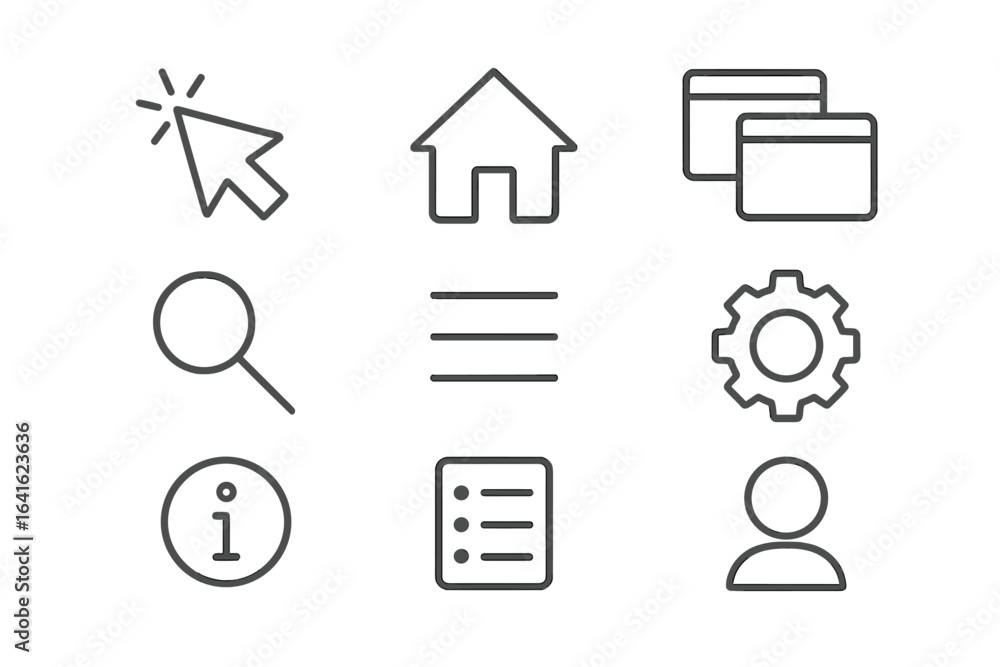 Poster minimal line web and app ui icons set. cursor, home, cards, search, info, user, settings. editable t